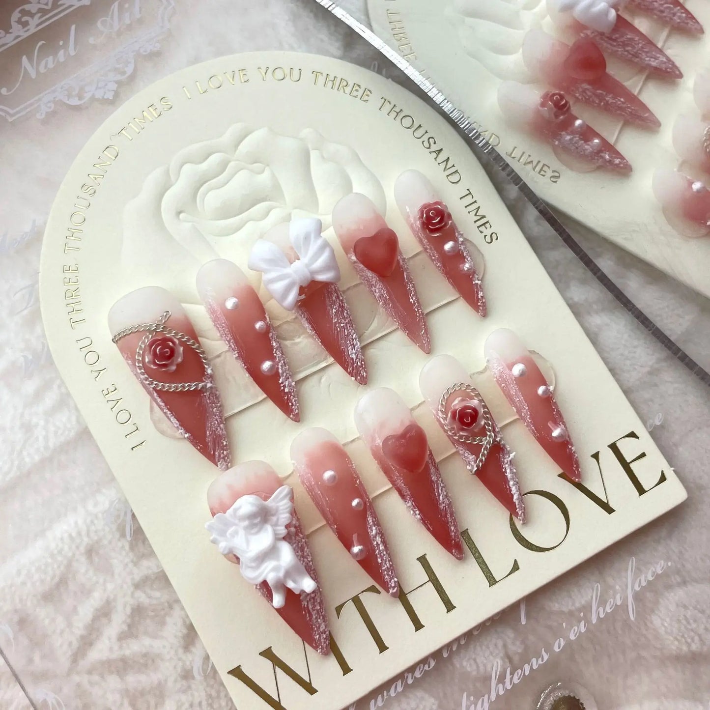 10Pcs Red Handmade Almond Press On Nails Ballerina Flower with Rhinestones Wearable False Nails Decoration Fake Nails Tips Art - - DYAVOR®