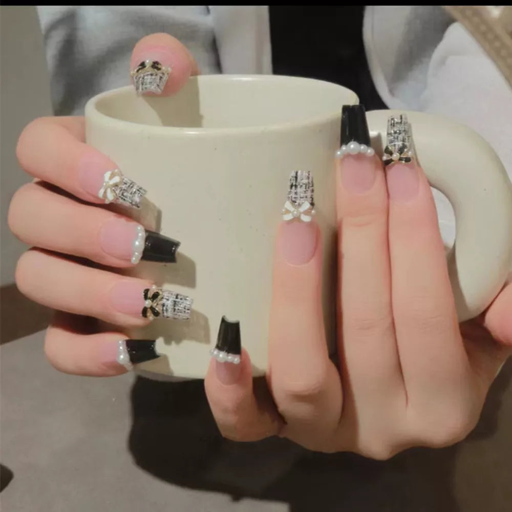 Autumn French False Nails with Butterfly Pearl Decor Bride Fake Nail Wearable Press on Nails Coffin Ballet Nail Tips for Girls - - DYAVOR®
