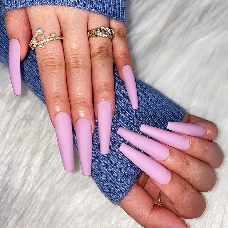 wearable full cover long ballet French coffin white False Nails with glue matte red black pink white artificial nails press on - - DYAVOR®