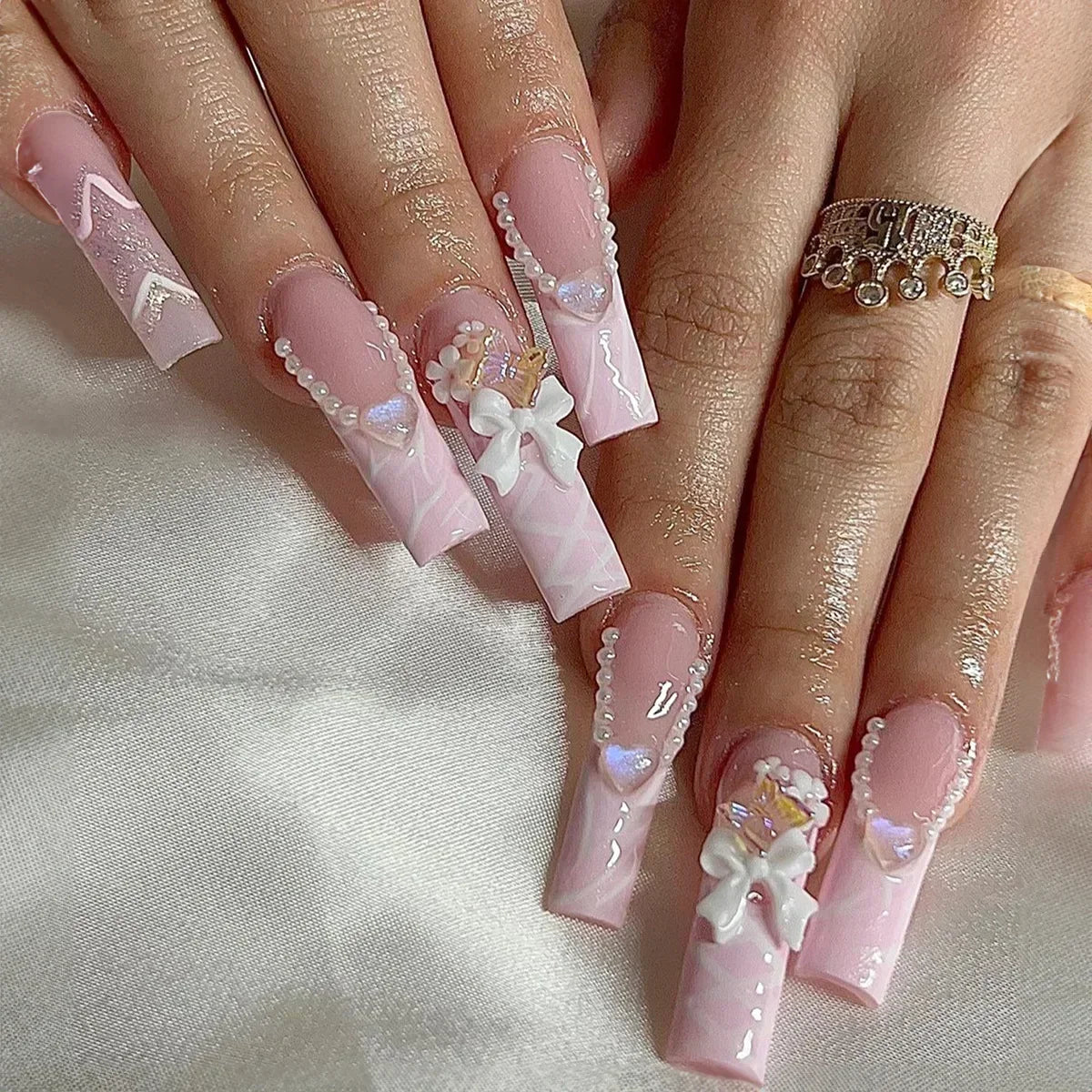 24Pcs Pink Bow Design False Nails Long Ballet Press on Nails with Pearl Wearable Coffin Fake Nails French Square Finger Nail - - DYAVOR®