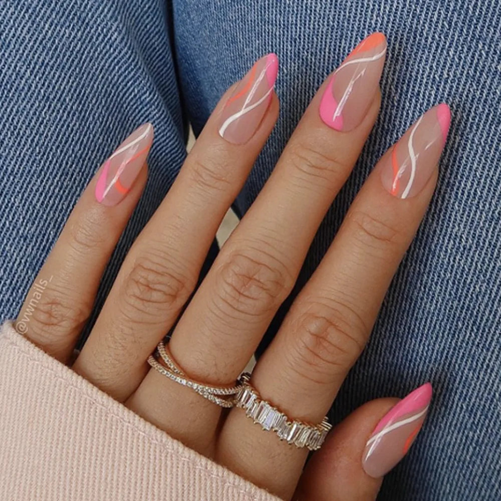 24Pcs/Set Almond Gradient Press On Nail Art Wearable Fake Nails Pointed Simple Ballet Coffin Reusable False Nails Tips Finished