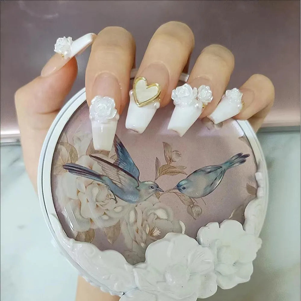 White Color French Ballerina Press On Nails Handmade Full Cover Artificial False Nails With Design Professional For Girls - - DYAVOR®