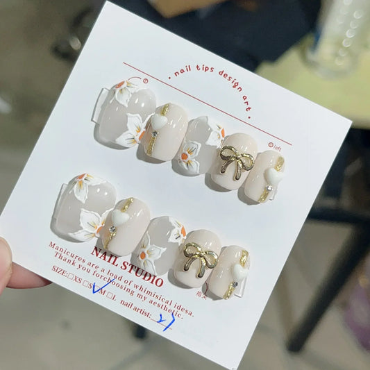 10PCS handmade acrylic ballet white artificial nails with flower designs square head press on nails short full cover fake nails -  - DYAVOR®