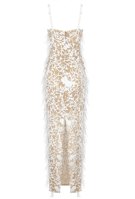 White Beaded and Feathers Maxi Dress - - DYAVOR®
