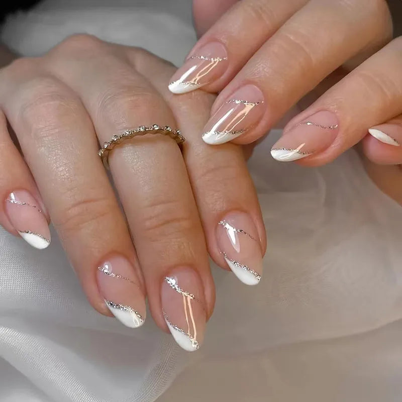 24pcs Colorful Almond Shaped Fake Nails Detachable Press On False Nails Tips French Full Cover False Nails French Manicure tools