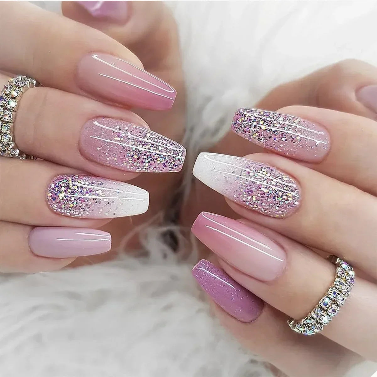 24pcs removeable false nails with glue Gradient Shinny brown coffin glitter Ballet press on nails long full cover fake nails tip