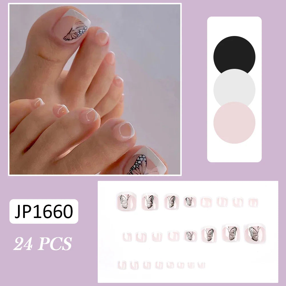 Summer French Toe Nails Set Press On Short Square Acrylic Nail Kits Wearable False Nails Nude Color Fashion Fake Feet Nail Tips - - DYAVOR®