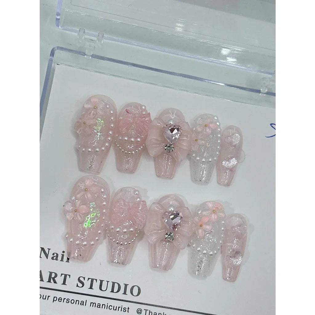 10 Pcs Pearl Love Diamond Bow Dream Fake Nails Pink Nail Patch Beauty Girl Bow Fairy Nail Patch for Women Gift - - DYAVOR®