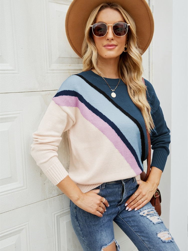 New Autumn Winter 2022 Women's Diagonal Stripe Casual Knit Pullover Round Neck Fashion Women's Long Sleeve Pullover Sweater Tops - - DYAVOR®
