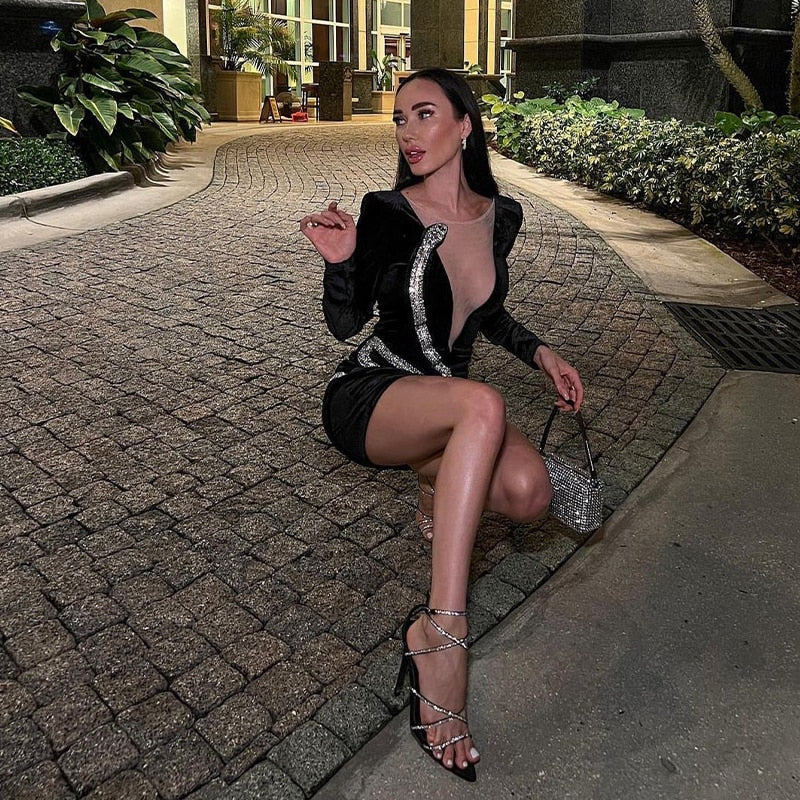 Black Velvet Mini Bodycon Dress - - DYAVOR®