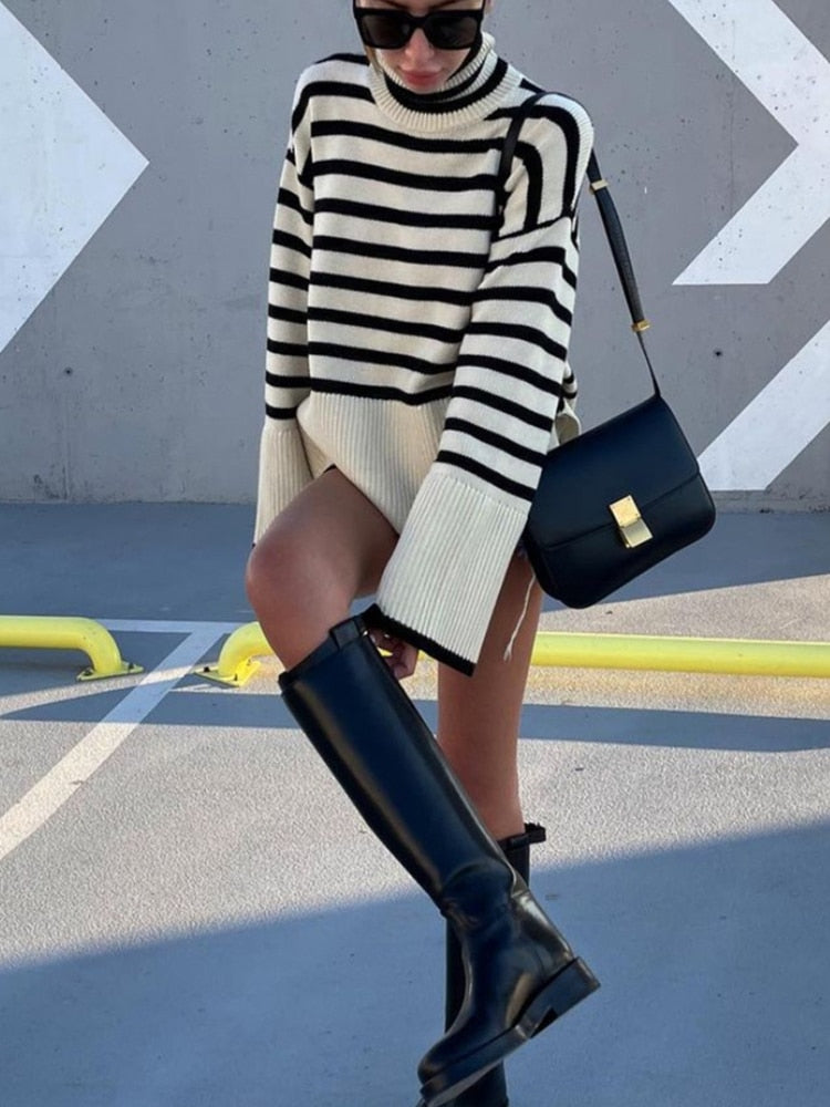 2022 Autumn New Women's High Collar Knitted Sweater Striped Slit Pullover Oversized Sweater Winter Clothes Women Thick Sweaters - - DYAVOR®