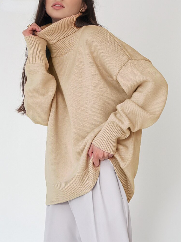 Solid Color High Neck Sweater Autumn Winter Loose Knit Pullover Women's Long Sleeve Top Versatile Classic Winter Clothes Women - - DYAVOR®