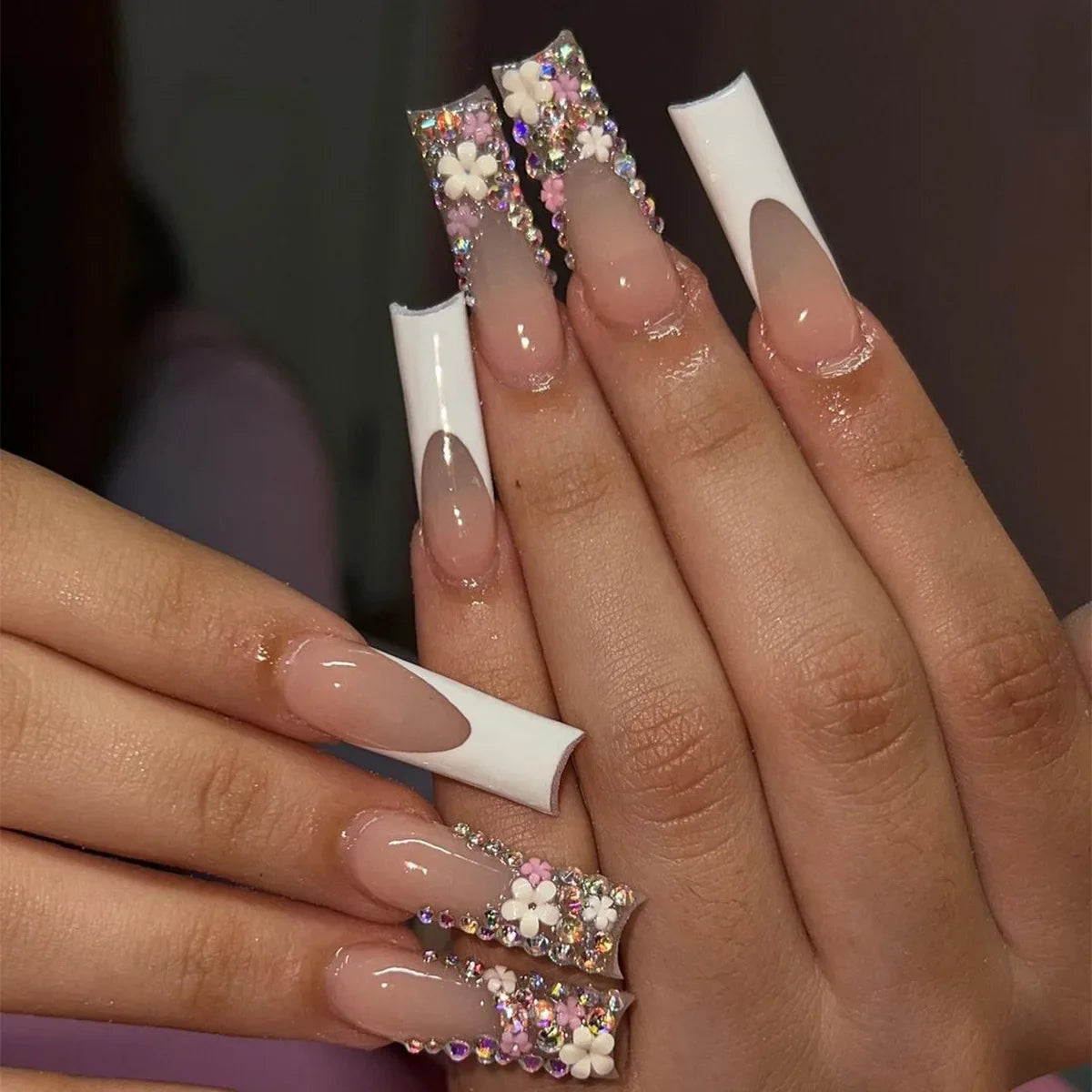 24Pcs Pink Bow Design False Nails Long Ballet Press on Nails with Pearl Wearable Coffin Fake Nails French Square Finger Nail
