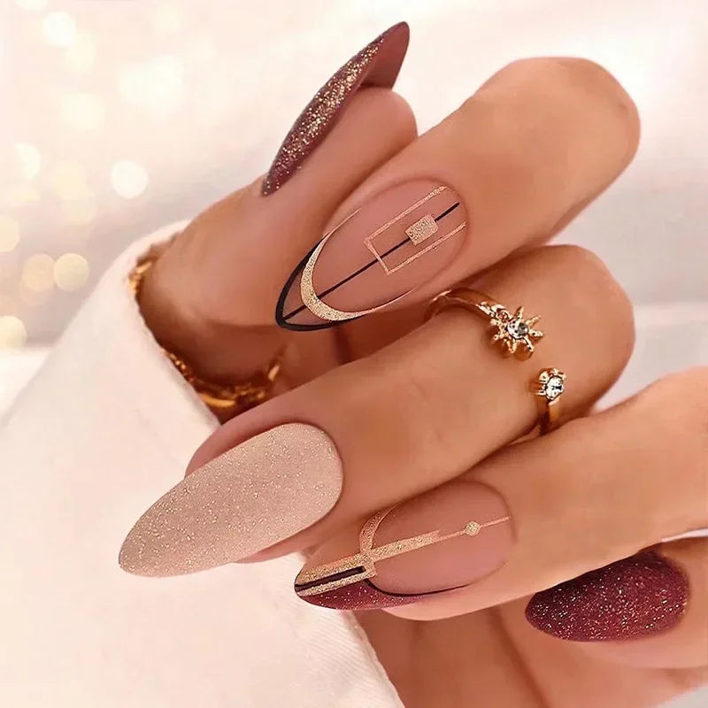 24Pcs Frosting False Nail almond with Golden Glitter Designs French Rhinestone Manicure Stiletto Fake Nails Set Press on Nails - - DYAVOR®