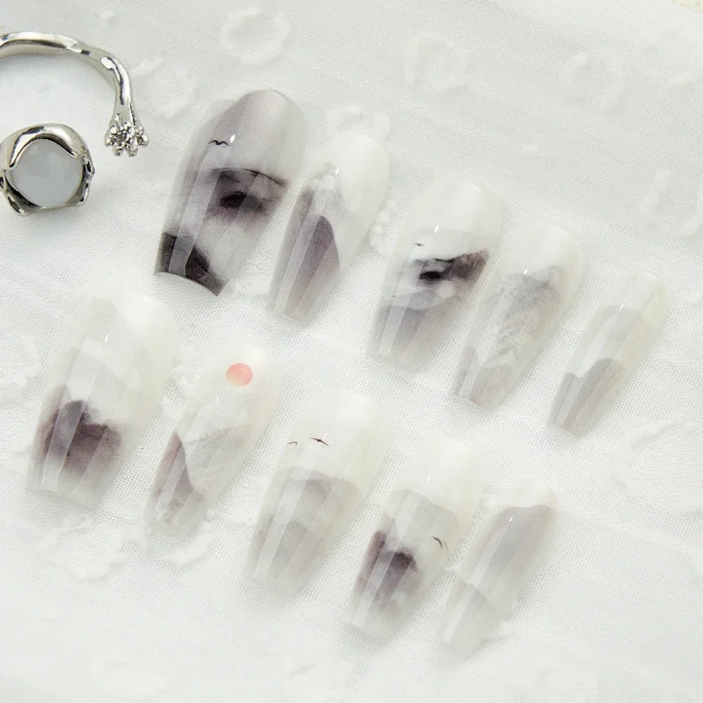 10PCS Handmade Finished Fake Nail Press on Bamboo Poetry Chinese False Nails with Glue Decorated Nails Art Stick on Nails -  - DYAVOR®