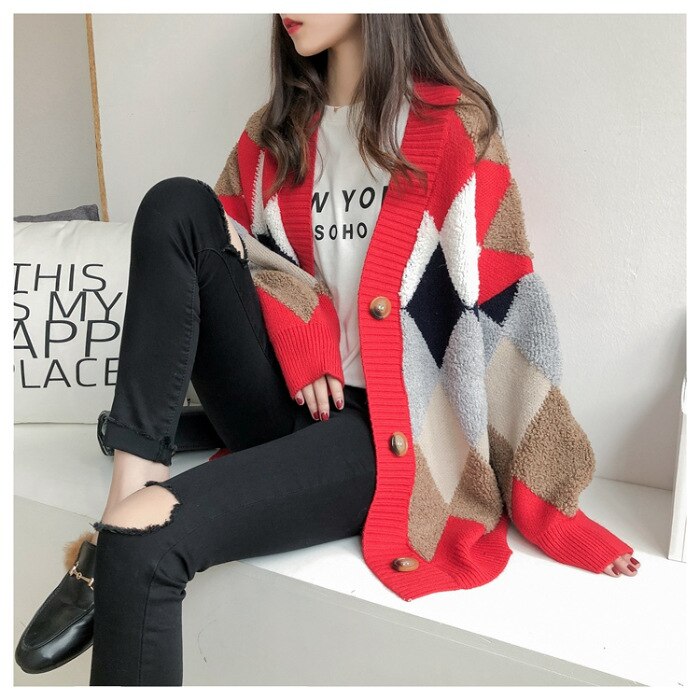 Luxury Cardigans Plaid Loose Button Puff Sleeve Knitted Cardigan Female Warm Y2K Tops Sweaters S-XL Long Cardigans Women 2023 - - DYAVOR®