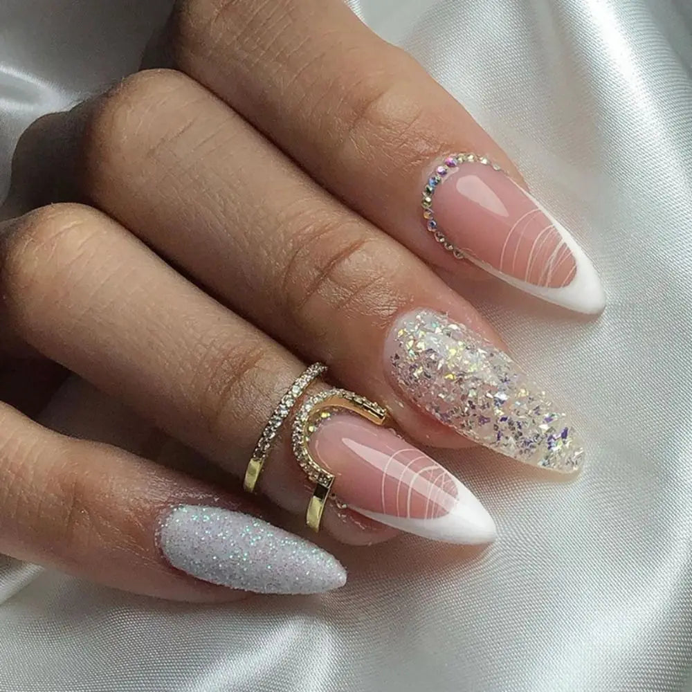 New Simple Star False Nails French Long Almond Fake Nials Detachable Nail Tips Full Cover Press on Nails DIY Manicure Tool - - DYAVOR®
