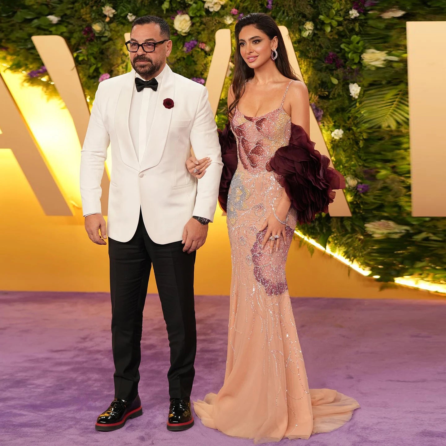 Luxury Pink Floral Beaded Evening Dress – Elegant Custom Gown with Burgundy Shawl Cape