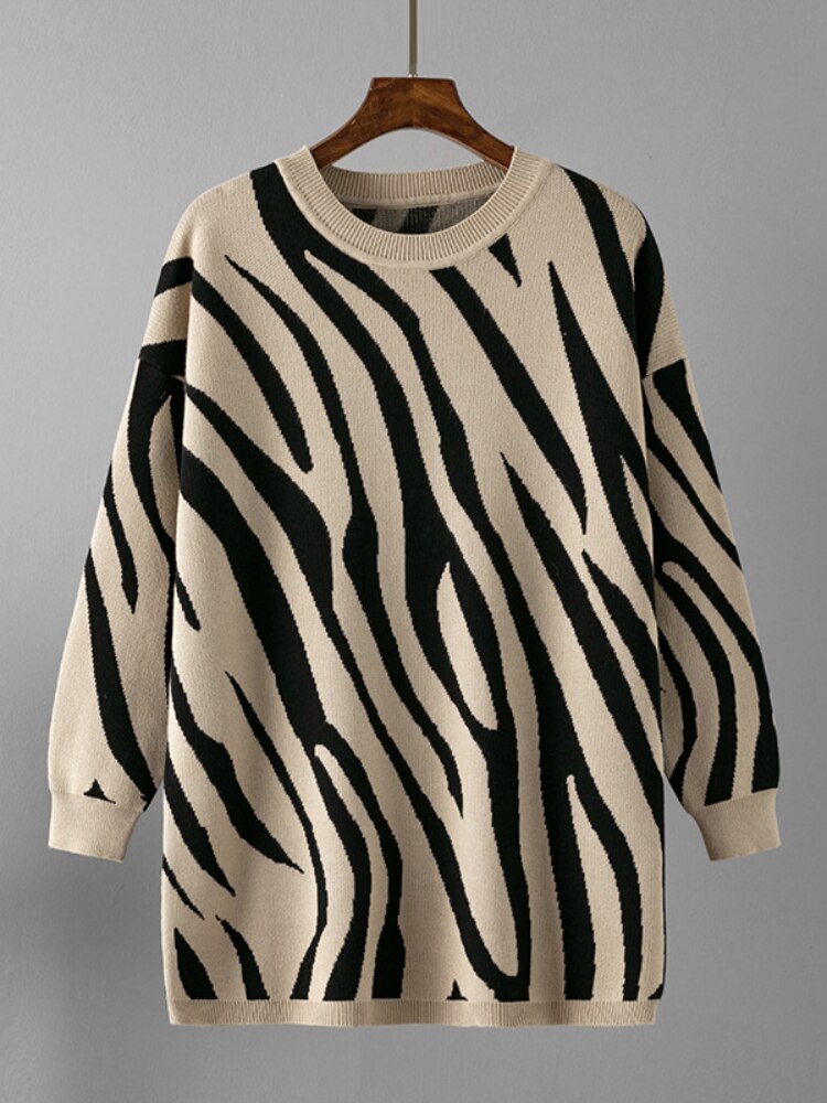 Fashion Woman Blouse 2023 Sweater Autumn Winter New Zebra Pattern Fashion Pullover Round Neck Long Sleeve Top Loose Knitwears - - DYAVOR®