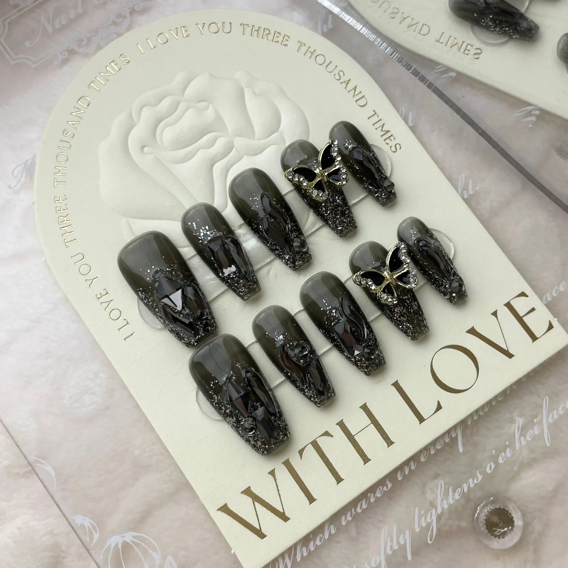 False nails, black handmade rhinestone nail, butterfly design, beautiful women's artificial wearing nails, reusable -  - DYAVOR®