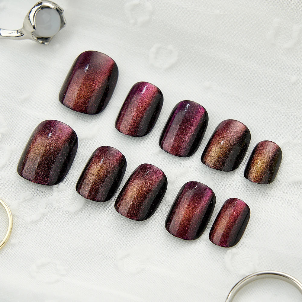 False Nails Set Short Press on False French Cat's Eye Style Nails Art Diamond Finished Fake Nails with Glue Stick-on - - DYAVOR®