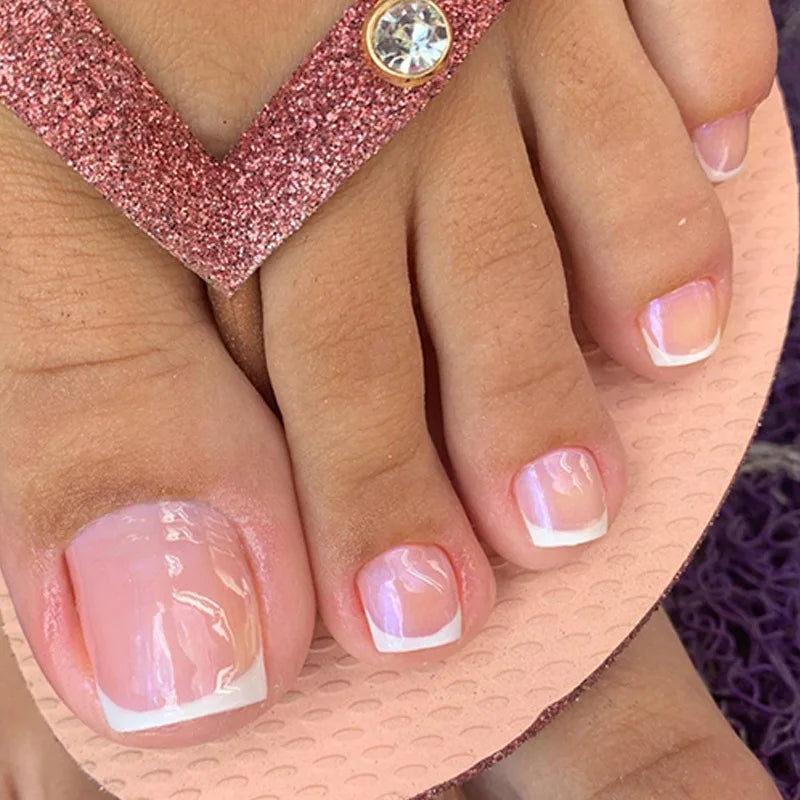 24pcs Simple French toe nails tips glitter diamond design press on toenails short full cover artificial fake foot nail with glue - - DYAVOR®