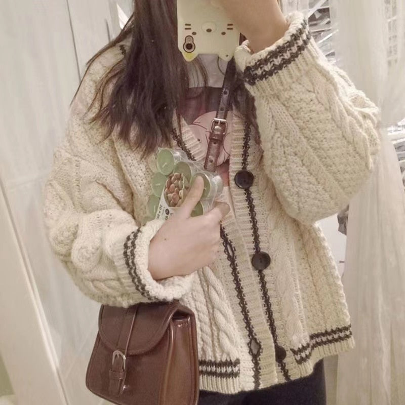 Beige Star Cute College Single Breasted Sweater Women 2022 Autumn Korean Woman Sweaters Contrast Color V-neck Knitted Cardigan - - DYAVOR®