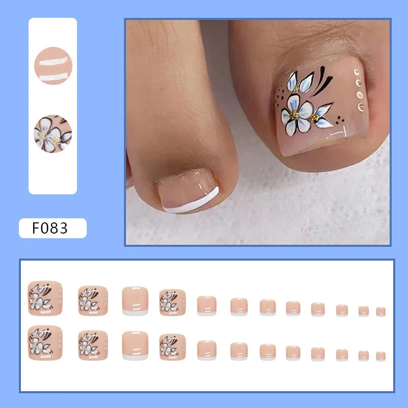 24pcs Wearable White-Edged French Manicure Toenails Full Cover Press On Fake Toenails DIY Artificial Acrylic False Toenails