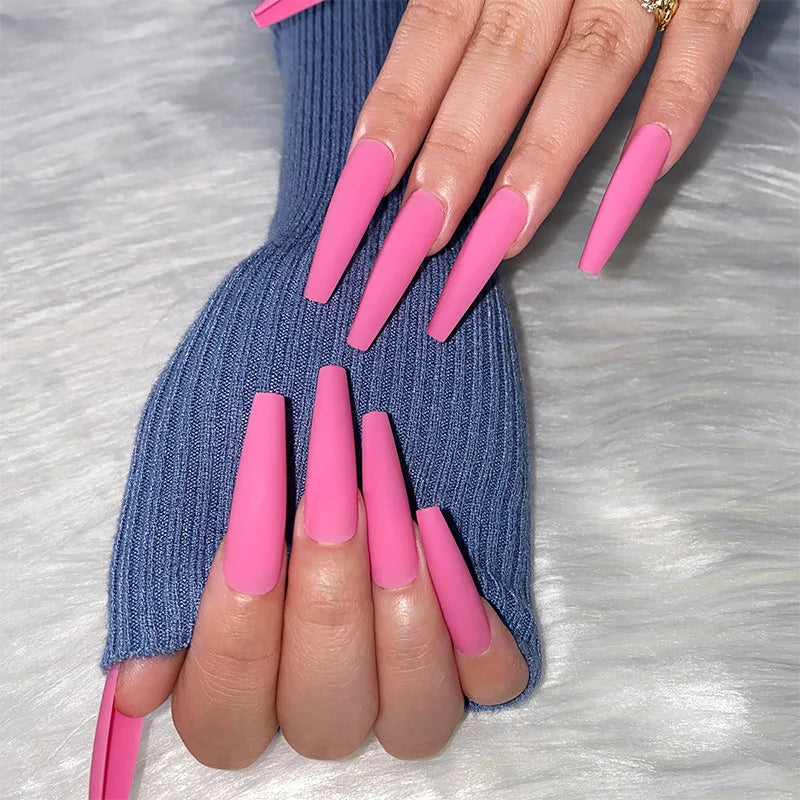 wearable full cover long ballet French coffin white False Nails with glue matte red black pink white artificial nails press on - - DYAVOR®