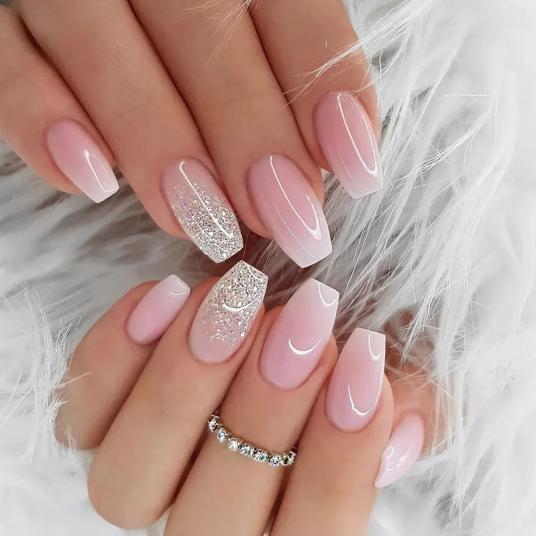 24pcs removeable false nails with glue Gradient Shinny brown coffin glitter Ballet press on nails long full cover fake nails tip