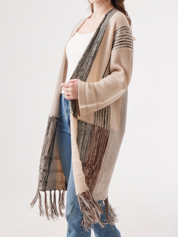 Cardigan for Women Autumn Winter Tassel Irregular Color Block Sweater Women Office Lady Knitted Cardigan Top Woman Clothing 2023 - - DYAVOR®