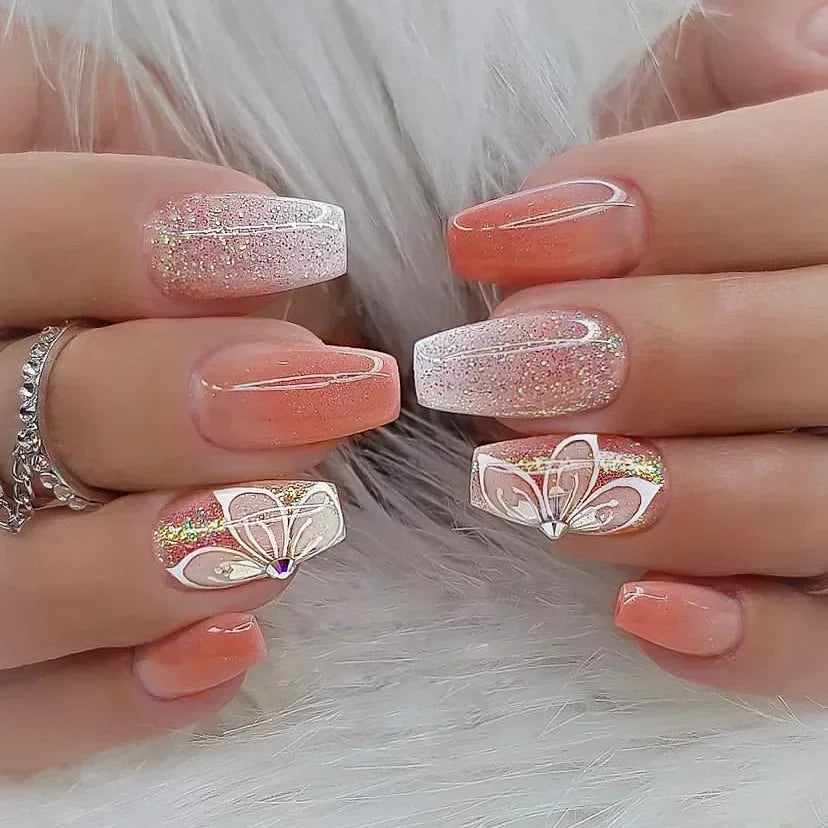 24pcs removeable false nails with glue Gradient Shinny brown coffin glitter Ballet press on nails long full cover fake nails tip - - DYAVOR®
