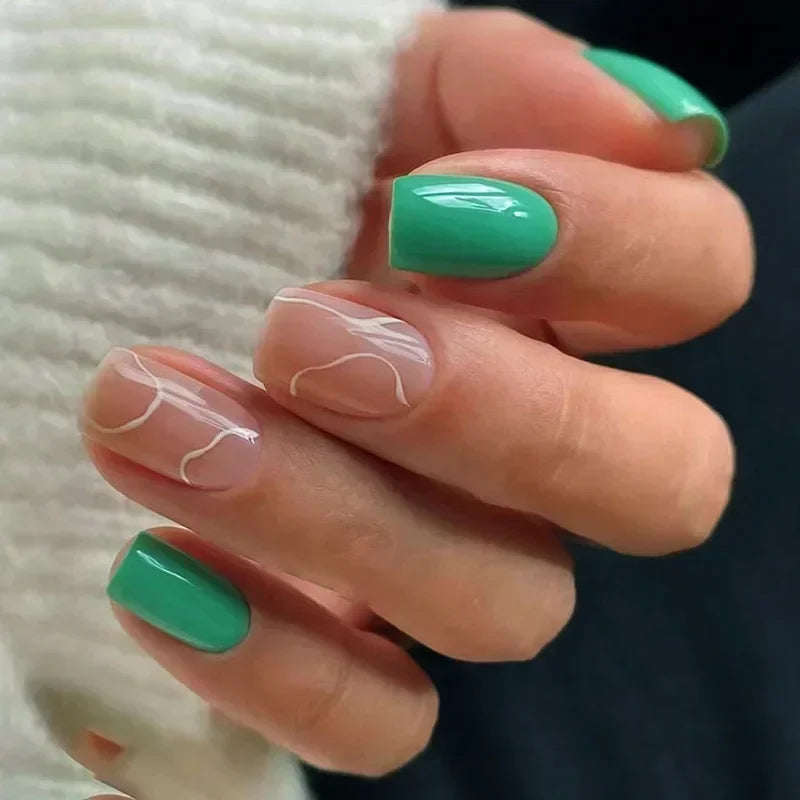24Pcs Green Short Coffin False Nails White ripples with French Design Wearable Fake Nails Simple Full Cover Press on Nails Tips - - DYAVOR®