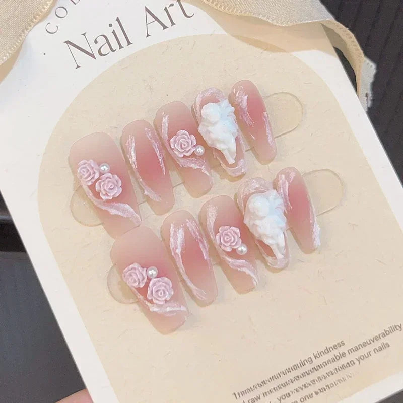 10pcs removeable ballet press on acrylic nails full cover gradient pink false nails with 3D charms handmade stick on nails long - - DYAVOR®