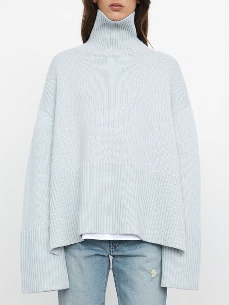 2022 Autumn New Women's High Collar Knitted Sweater Striped Slit Pullover Oversized Sweater Winter Clothes Women Thick Sweaters - - DYAVOR®