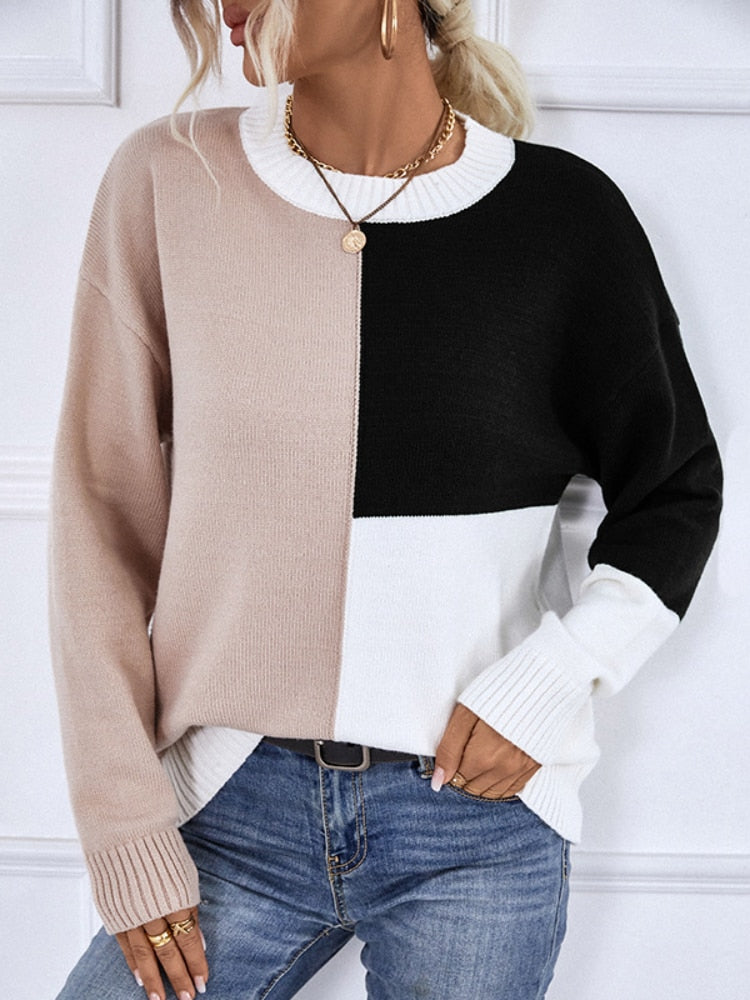 Long Sleeve Top Women Clothing New Color Contrast Round Neck Knitted Pullover Casual Loose Sweater Streetwear Autumn Winter 2023 - - DYAVOR®