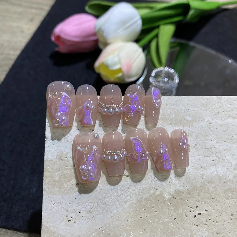 10PCS Detachable mermaid purple flashing aurora short square false nails with glue full cover ballet acrylic press on fake nails - - DYAVOR®