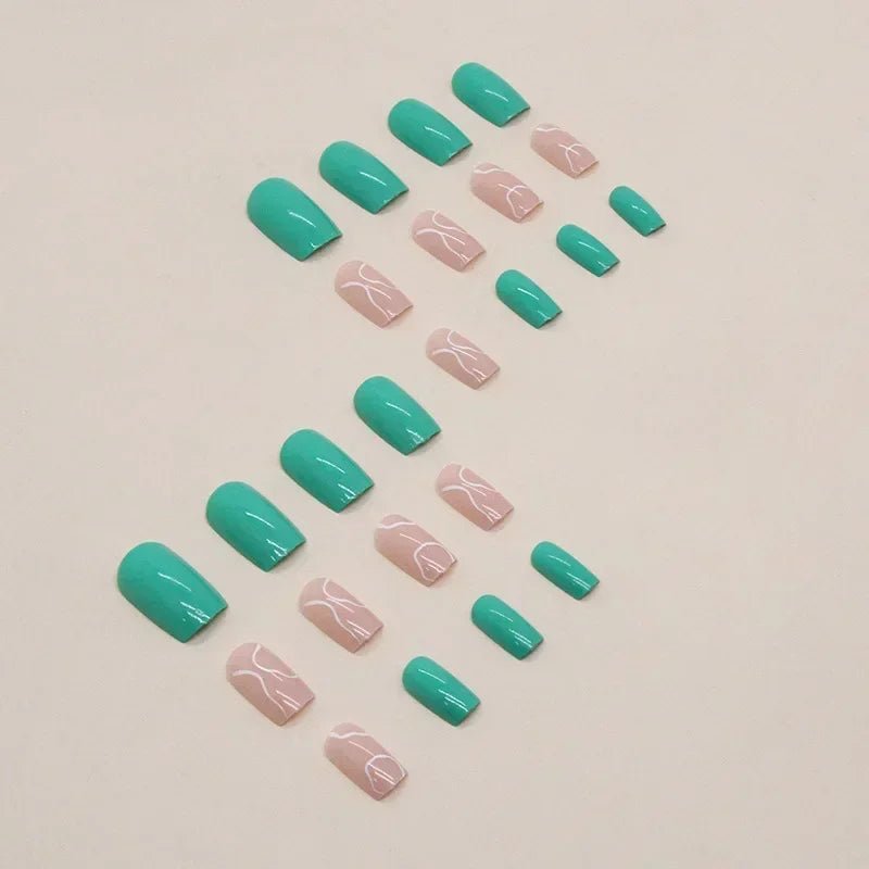 24Pcs Green Short Coffin False Nails White ripples with French Design Wearable Fake Nails Simple Full Cover Press on Nails Tips - - DYAVOR®