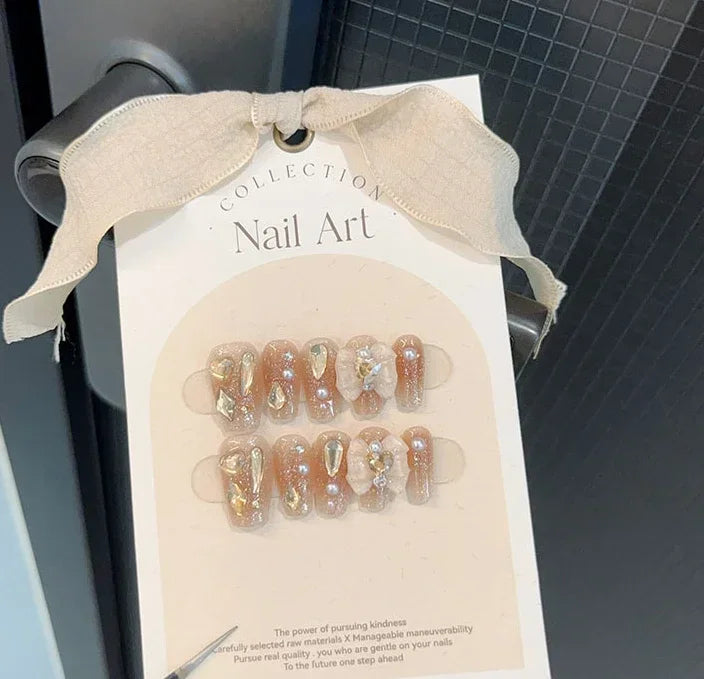 10pcs removeable ballet press on acrylic nails full cover gradient pink false nails with 3D charms handmade stick on nails long - - DYAVOR®