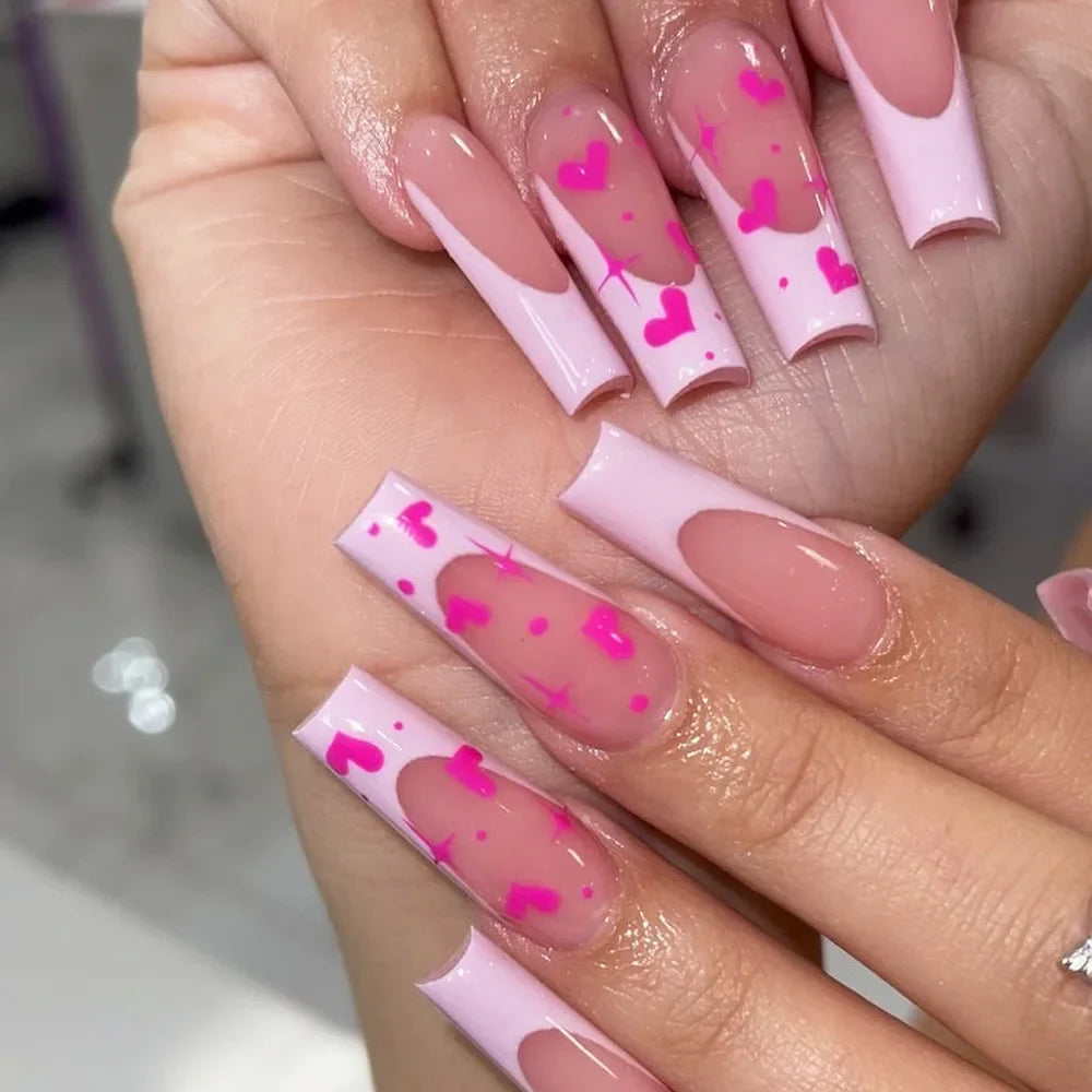 24Pcs Pink Bow Design False Nails Long Ballet Press on Nails with Pearl Wearable Coffin Fake Nails French Square Finger Nail