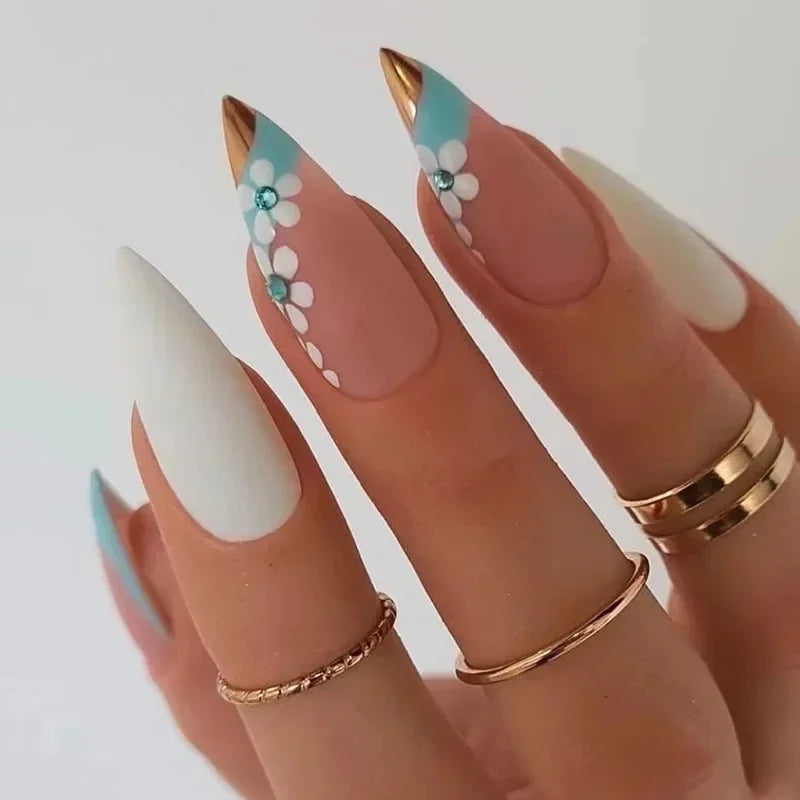 24Pcs Frosting False Nail almond with Golden Glitter Designs French Rhinestone Manicure Stiletto Fake Nails Set Press on Nails