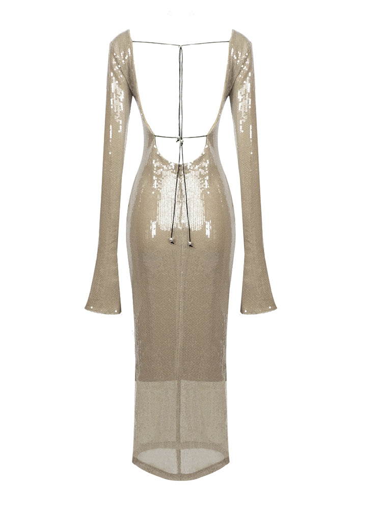 Sequined Beige Maxi Dress - - DYAVOR®