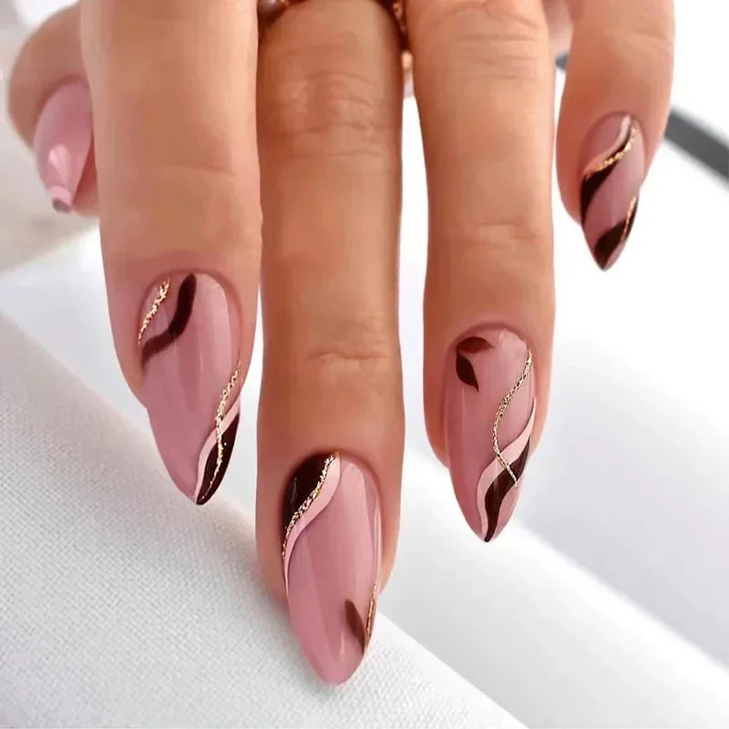 24Pcs Frosting False Nail almond with Golden Glitter Designs French Rhinestone Manicure Stiletto Fake Nails Set Press on Nails - - DYAVOR®