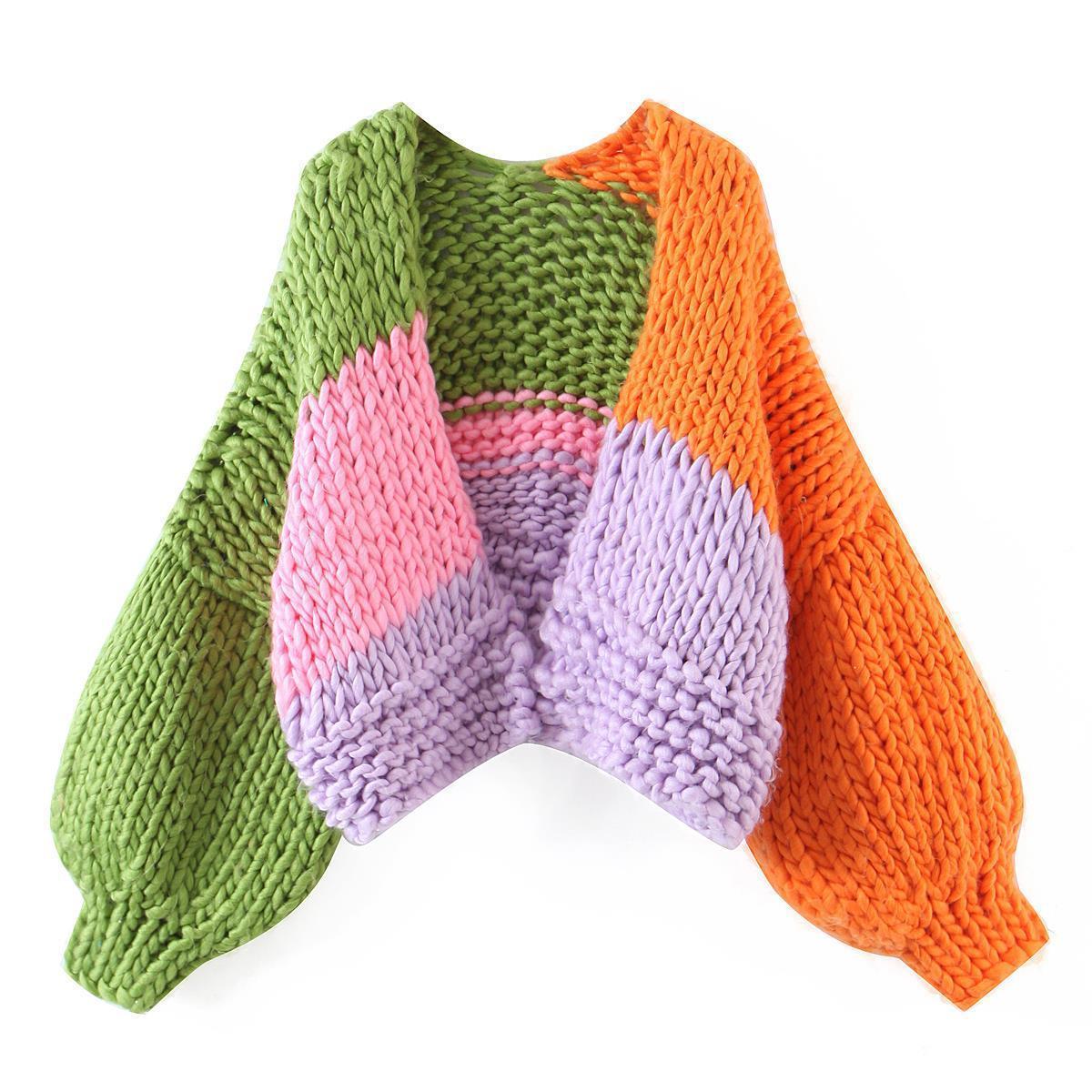 2023 S-XL Autumn Handmade Women Knitted Cropped Cardigan Coarse Yarn Multicolor V -neck Slight Strech Y2k Sweaters for Women - - DYAVOR®