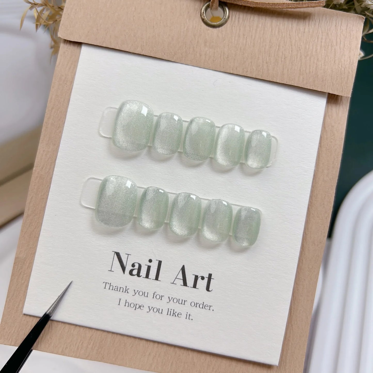 10pcs Nude Cat Eye Handmade False Nails Short French Ballet Ribbon Pearl Design Fake Nail Full Cover Press On Acrylic Nail Tips - - DYAVOR®