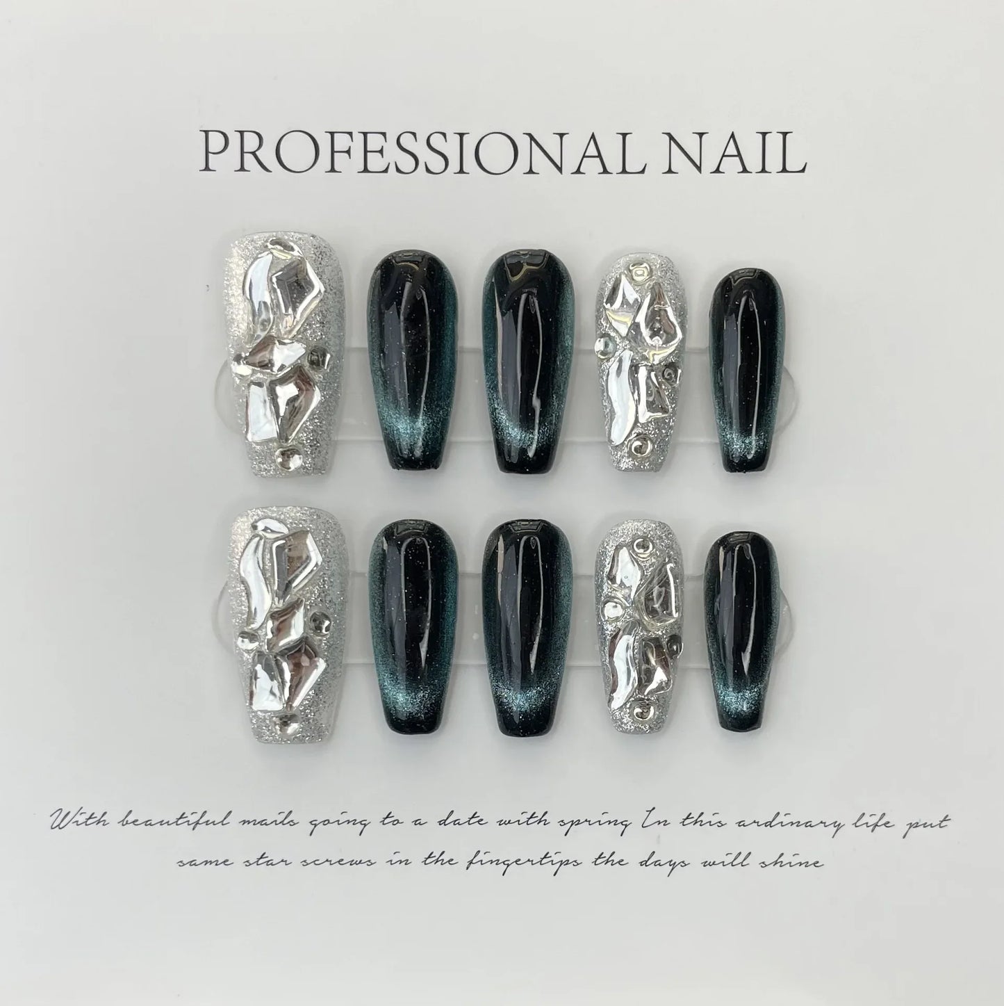 10Pcs Light Luxury Handmade Press On Nails Mid-Length Cat Eye Fake Nails with Diamond Full Cover Wearable Artificial Nail Tips - - DYAVOR®