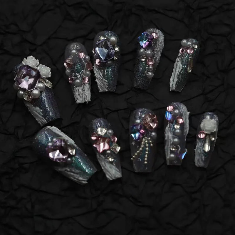 10pcs Handmade short french artificial nails cat eyes shiny rhinestones full cover press on nails ballet false nails with glue - - DYAVOR®