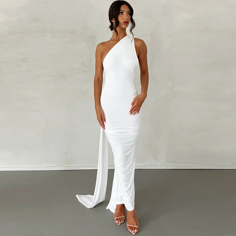 Draped Maxi Dress with Asymmetrical Neckline - - DYAVOR®