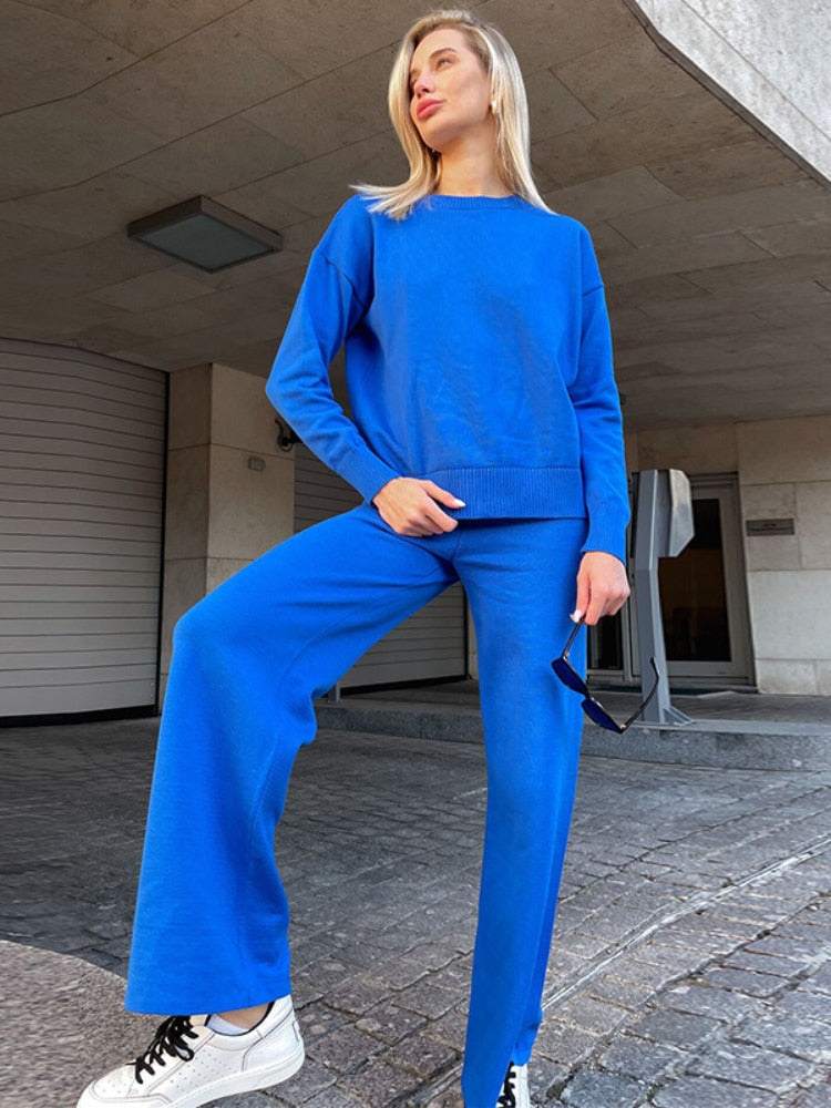 Two Piece Sets Womens Outifits 2023 Autumn Winter New Women's Knitted Sweater Set Thin Casual Top Pants Two Piece Pullover Set - - DYAVOR®