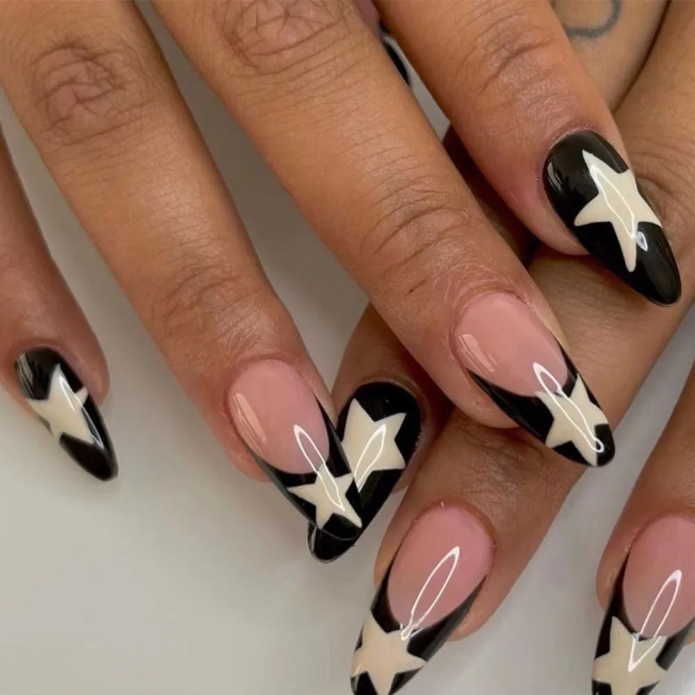 New Simple Star False Nails French Long Almond Fake Nials Detachable Nail Tips Full Cover Press on Nails DIY Manicure Tool - - DYAVOR®